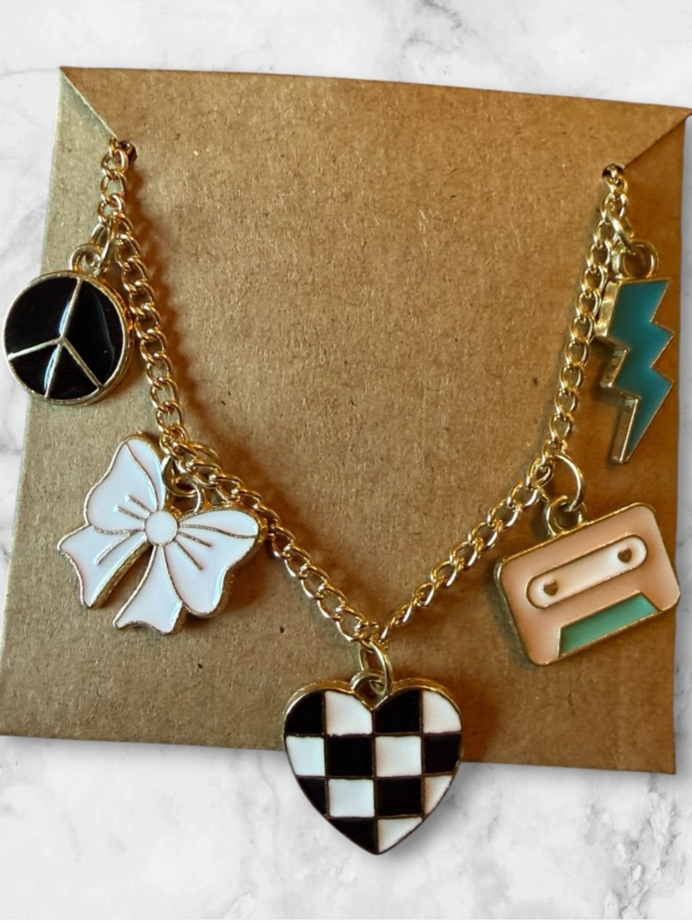 Gold Charm Necklace with Black & White Checker Heart and Pastel Accents